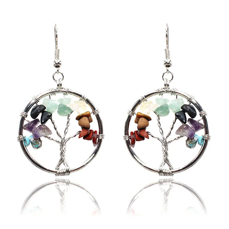 

Customize Tree Gold plated gemstone healing Crystal hoop earrings for women 2021, As pic
