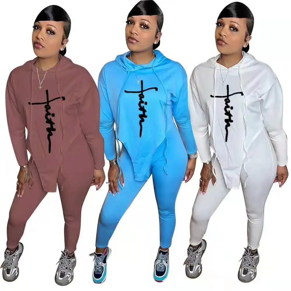 

Wholesale Irregularity Faith Hoodie With Leggings Two Piece Set Fashion Jogging Suit Fall Set Street Wear