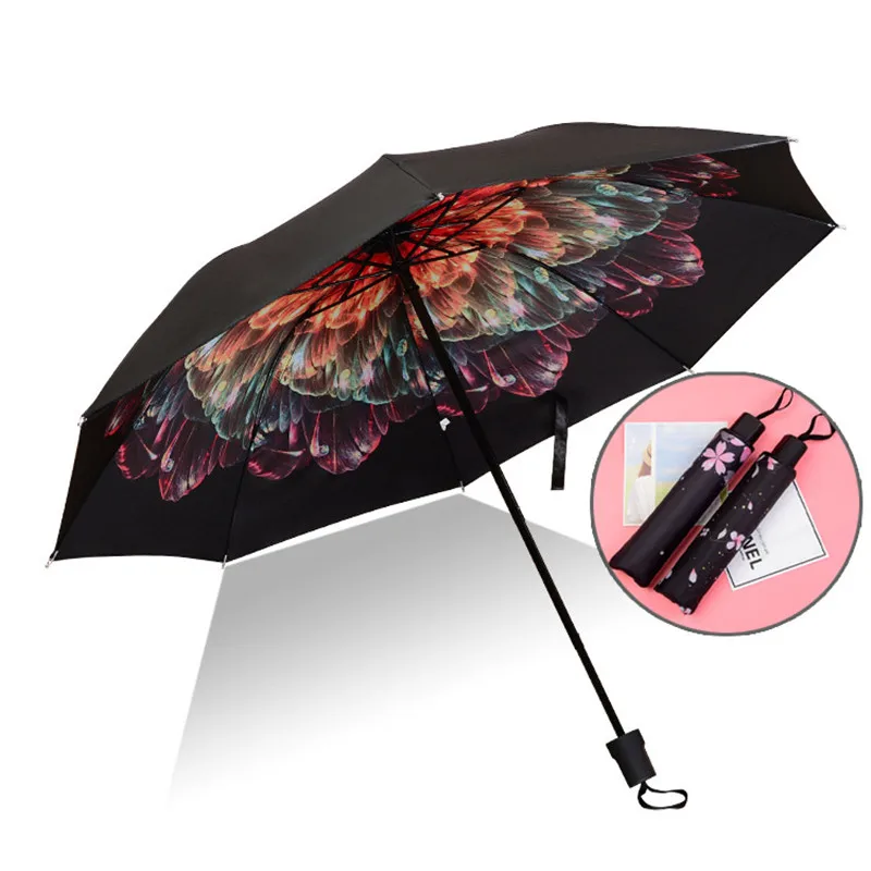 

Top Quality Men Rain Woman Windproof Large Paraguas 3D Flower Print Sunny Anti-sun 3 Folding Umbrella Outdoor Parapluie