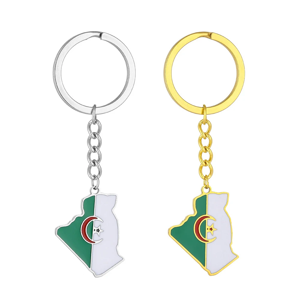 Manufacturer Enameled Algeria Flag Map Keychain Stainless Steel 18K Gold Plated Enamel Algeria Flag Map Pendant Key Chain