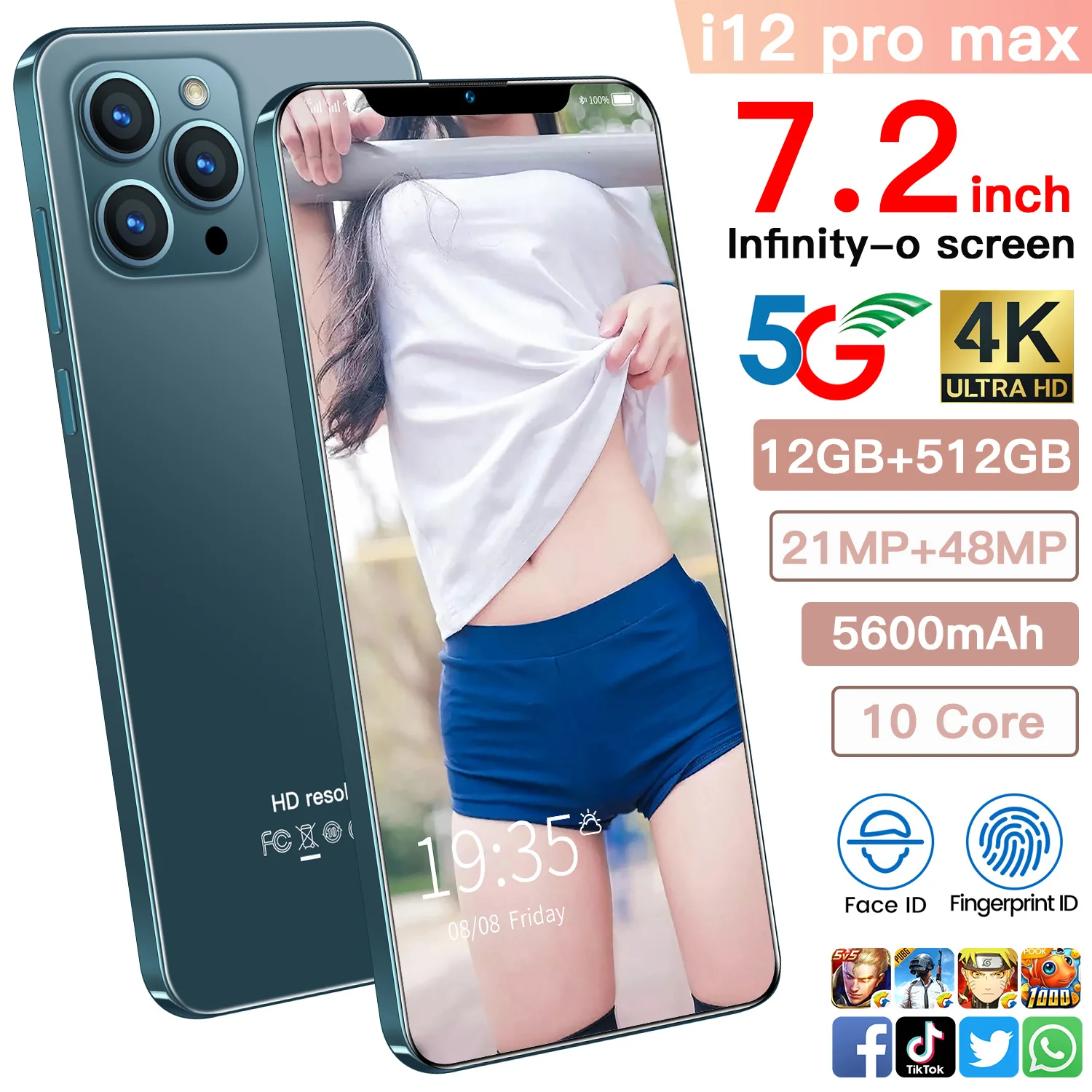 

New i12 pro max 5600mAh battery mobile phone 7.2-inch OLED Big Screen 10 core Face ID 5G Android smartphone