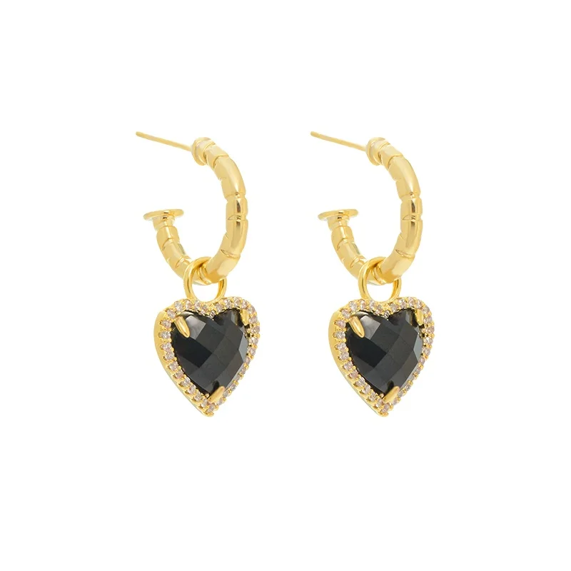 ED63478 Fashion design gold plated brass women jewelry black heart charm hoop earrings