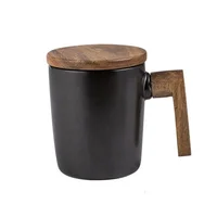 

Novelty Matte Black White Ceramic Coffee Mug With Wooden Handle And Wooden Lid