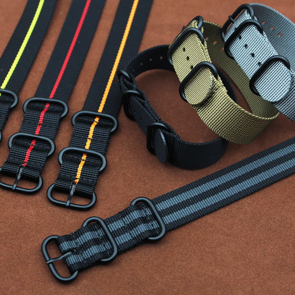 

Wholesale Hotale Zulu Style Nylon Watch Band 22mm 3 Rings Heavy Duty 1.5mm Thick Nato Black Military Ballistic Nylon Straps, 4 solid colors