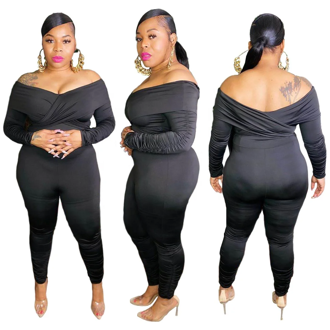 

2021 NEW Design Sexy Bodycon Skinny Fit Large Size Solid Off Shoulder Pleated Romper For Fat Women, 1 color