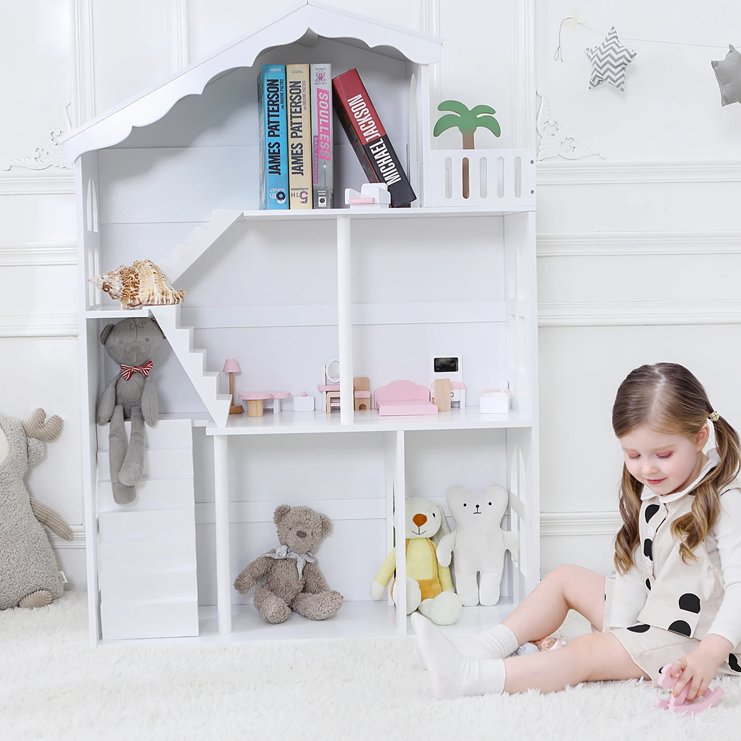 

Manufacture Wholesale White Doll House Three Floors Pretend Toy Doll House Furniture Bookshelf Wooden Kids Bookcase