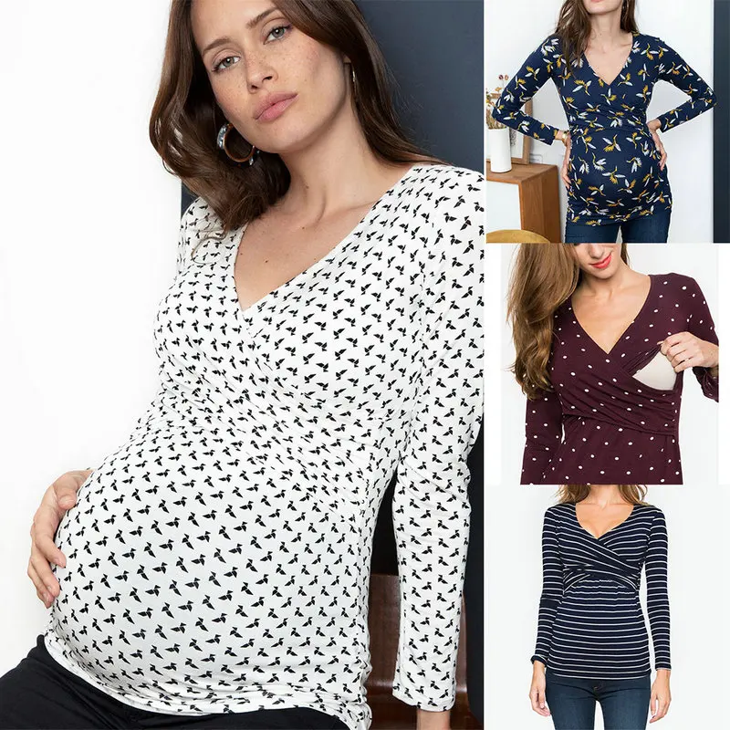 

SZ-HY003 2020 New Arrival Summer V neck Printed Nursing Maternity Clothes Tight Breastfeeding Tops Long Sleeve, Black,white, dot, stripe,blue,wine