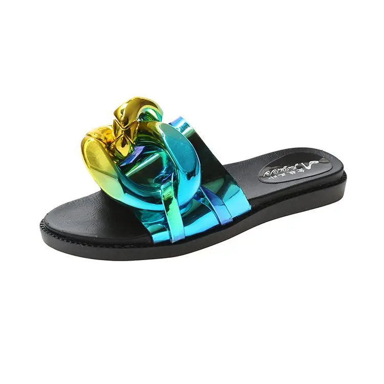

New style big head slippers metal chain color buckle female foreign trade flat bottom summer beach shoes, Picture