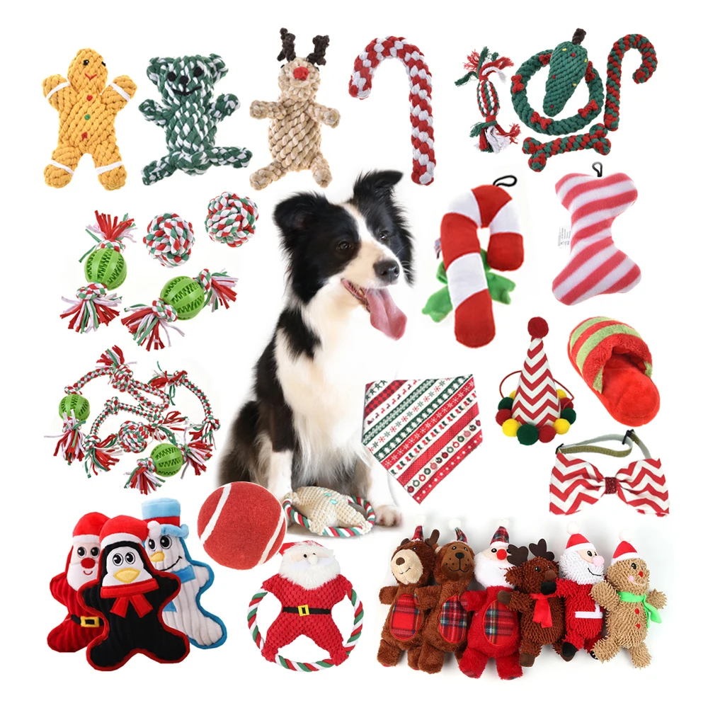 

Xmas dog toys interactive teeth cleaning chew squeaky Christmas gift santa elk cotton rope ball plush pet toy set