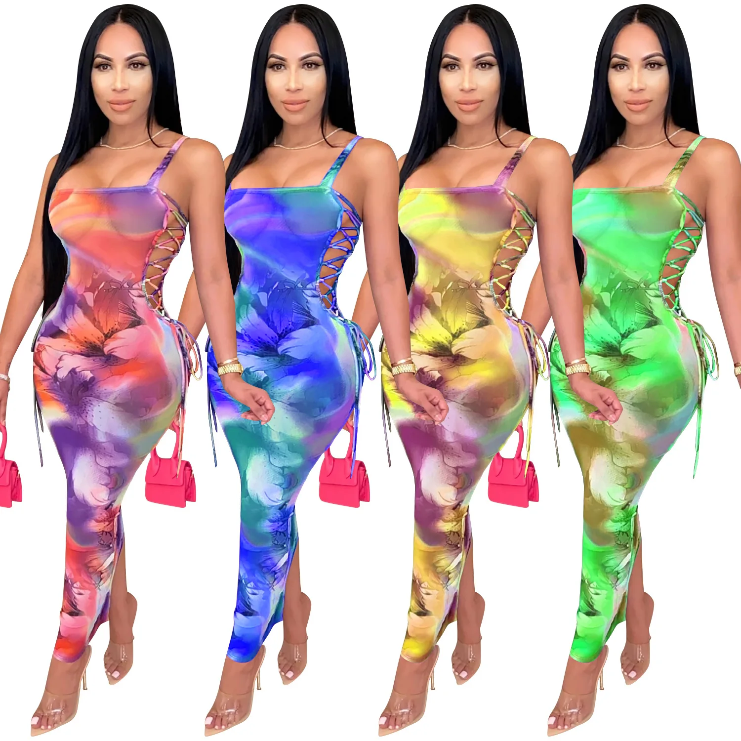 

2021 New Arrival Fashion Sexy Women Mini Bodycon party Color Maxi halter off shoulder dress long skirt strap hollow dresses wom