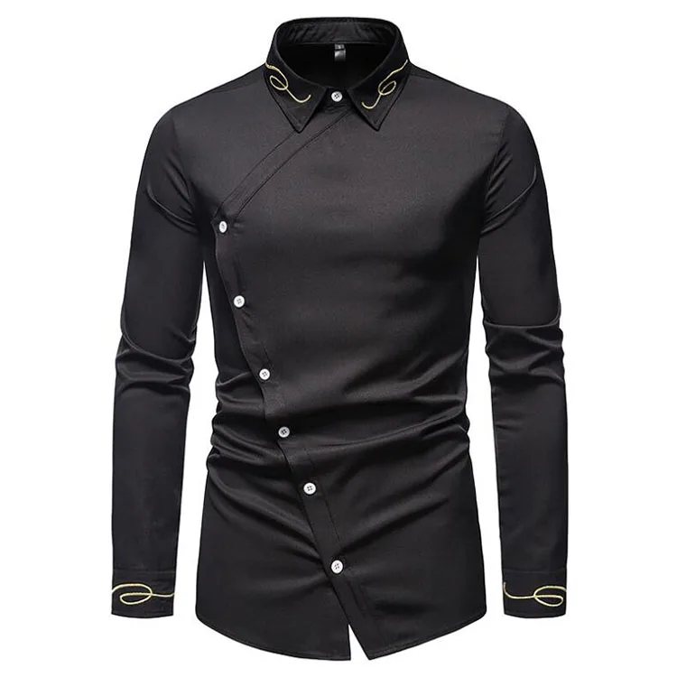 

Fashion Mens Shirts Trend Embroidered Asymmetric Long-sleeved Shirt Western Shirt Slim Fit Social Dress European Size