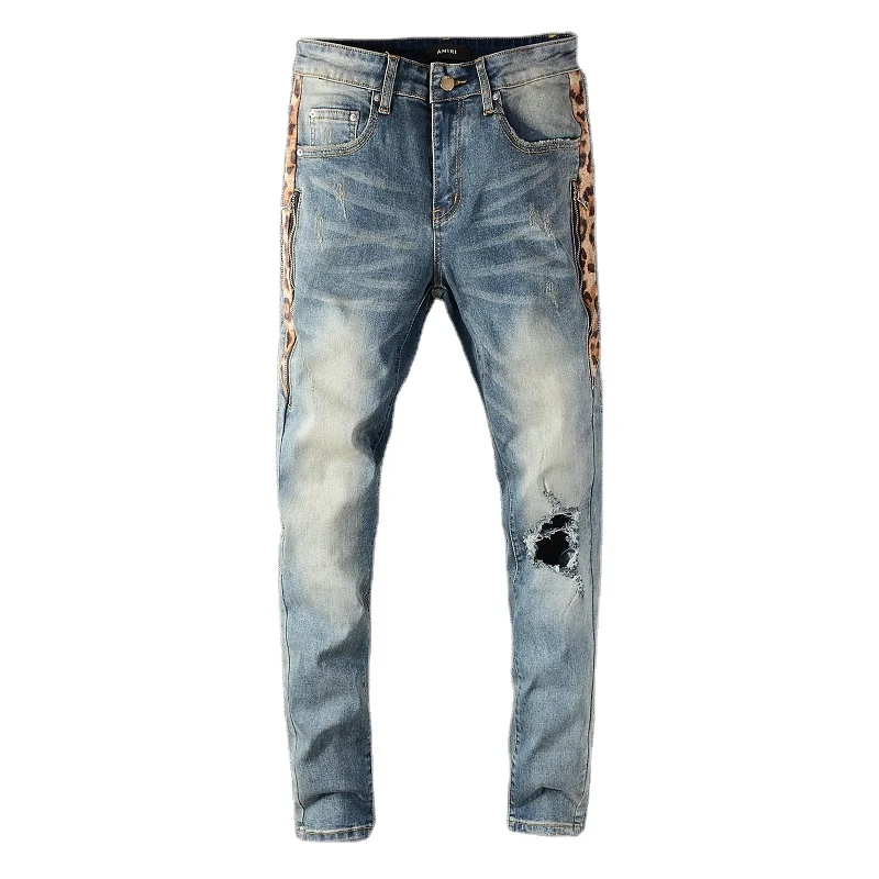 

Purplewind Men's Ripped Pants Rhinestone Skinny Black Jeans Slim Denim Pants For Men, Picture