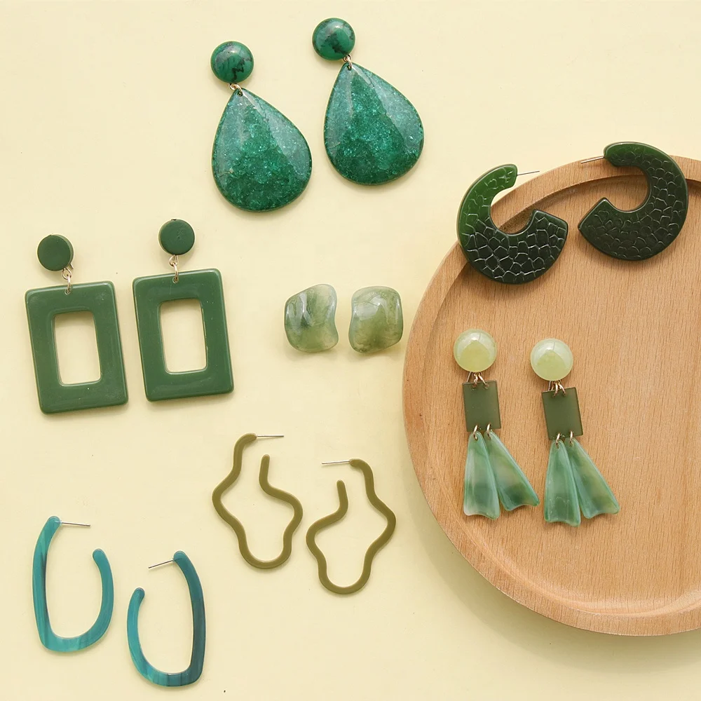 

JUHU New Original Green Series Resin Exaggeration Earring Vintage Geometric Acrylic Stud Earrings For Women Boho Jewelry, Colorful