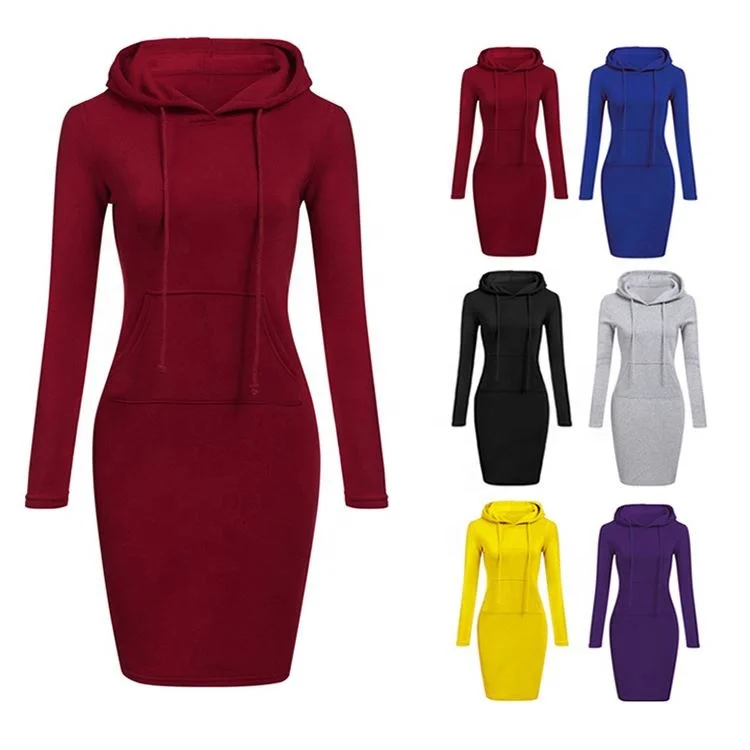 

Hot Onsale Solid Long Sleeves Casual Outfits Winter Clothing 2020 Woman Dresses women Casual Hoodie Dress, Shown