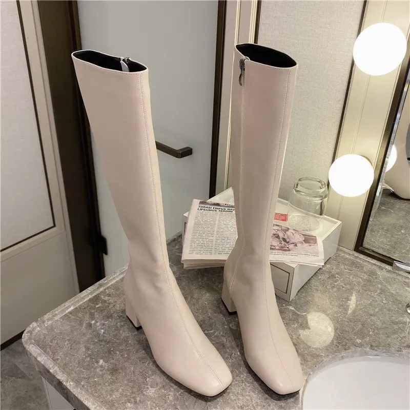 

Women Genuine Leather Square Head Thick Heel Party Knee High Winter Boots, Multi colors