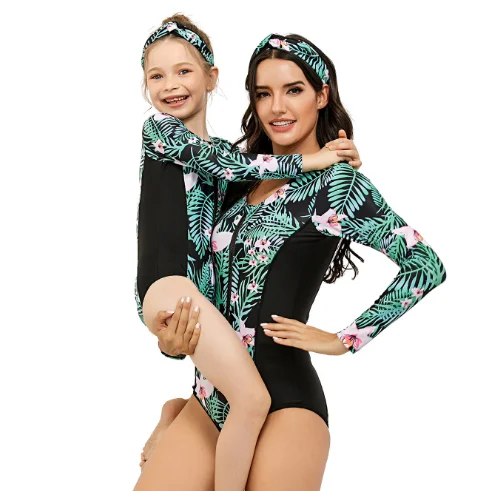 

Family Mommy and Daughter Matching Floral Top Comfy One piece Long Sleeve Swimsuit, White and blue