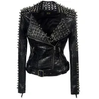 

Ladies Black Coats With spikes Punk Windbreaker Women Motorcycle Paragraph Heavy Work Rivet PU Leather Jacket