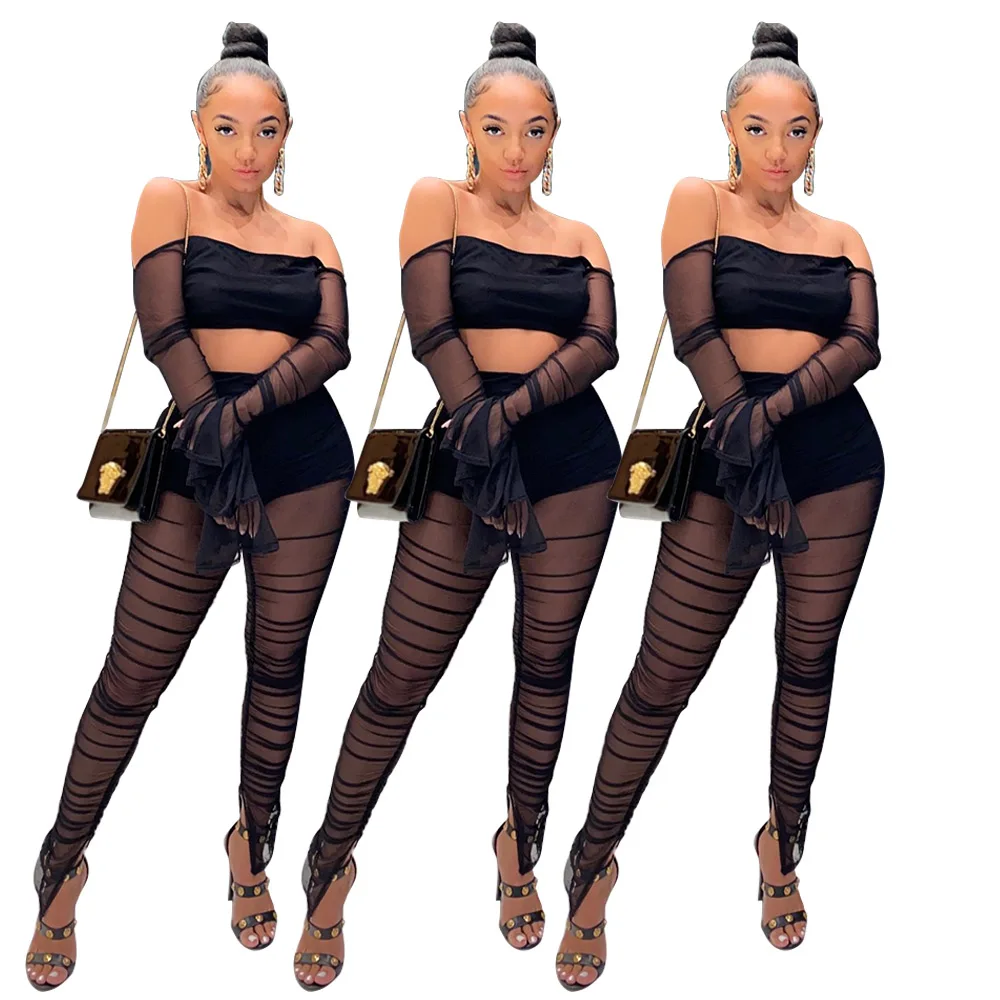 

Women Sexy Sheer Mesh See Through Off Shoulder Cropped Tops Pants Sets Ladies Clothing Sets 2 Piece Nightclub Outfits