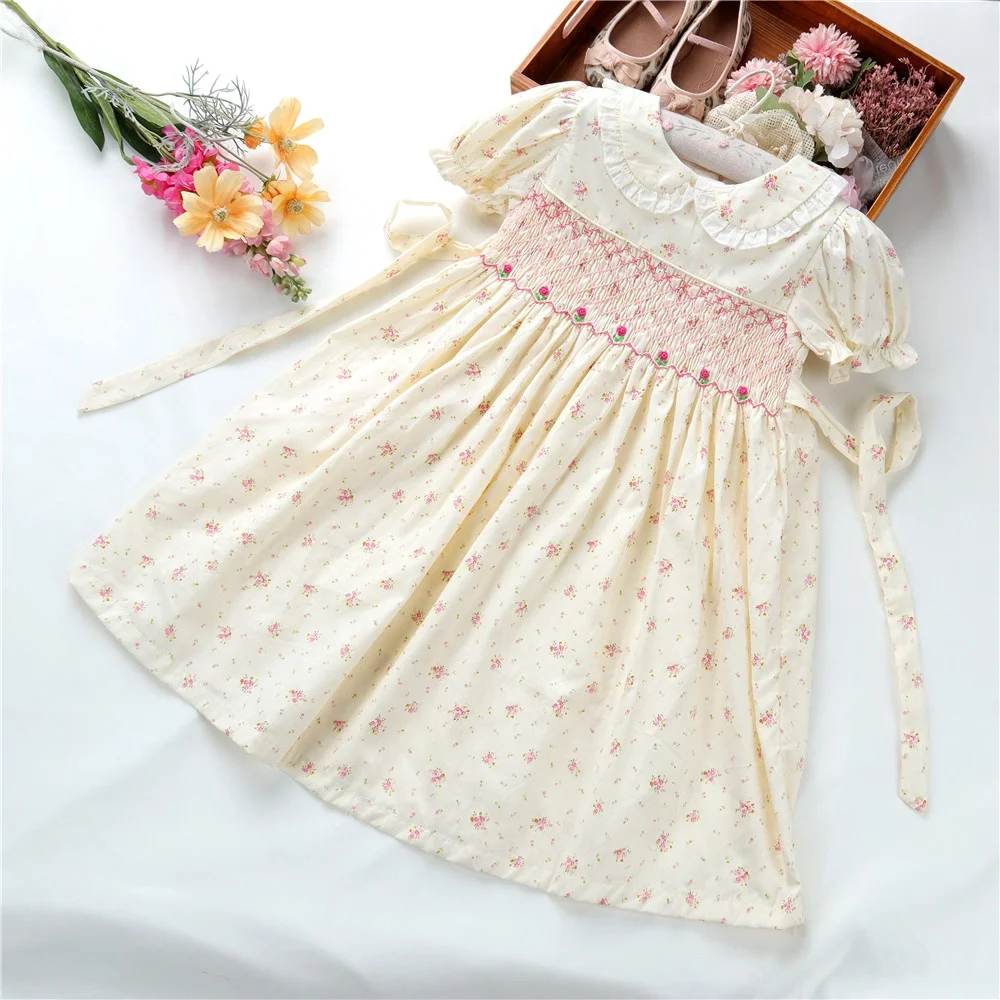 

C41255 floral smocked dress kids clothing baby girls dresses hand made embroidery frock party cotton children clothes