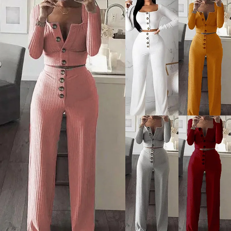 

Plus Size Long Sleeve Sexy Crop Top Pant Sets Knitted Casual Button Rib Two Piece Set Women Clothing, White, pink, yellow, gray, burgundy