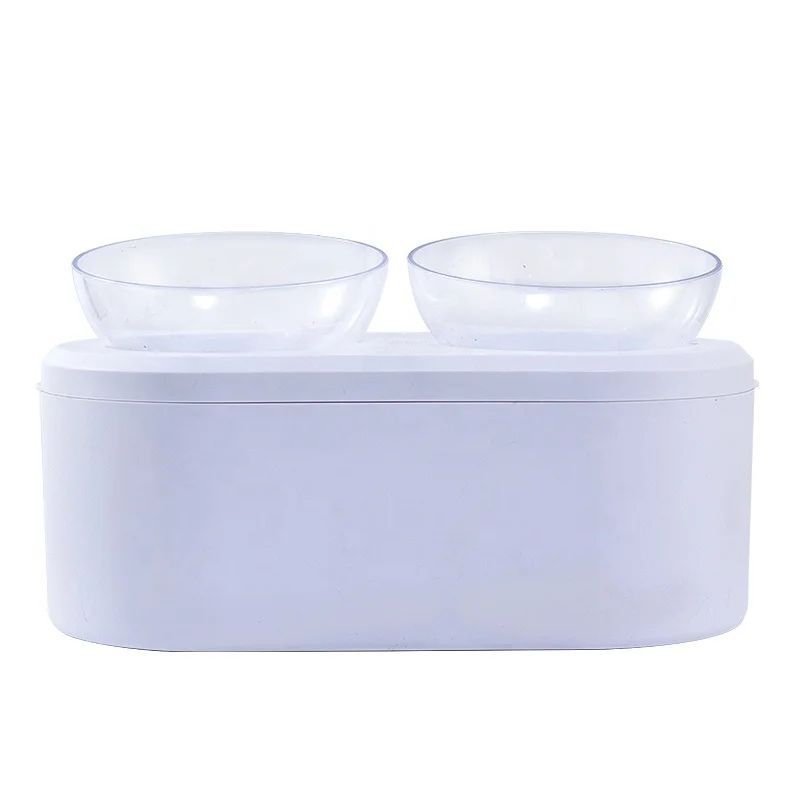 

Eco Friendly Wholesale Stand Twin Plastic Pet Bowl, Clear bowl with white base