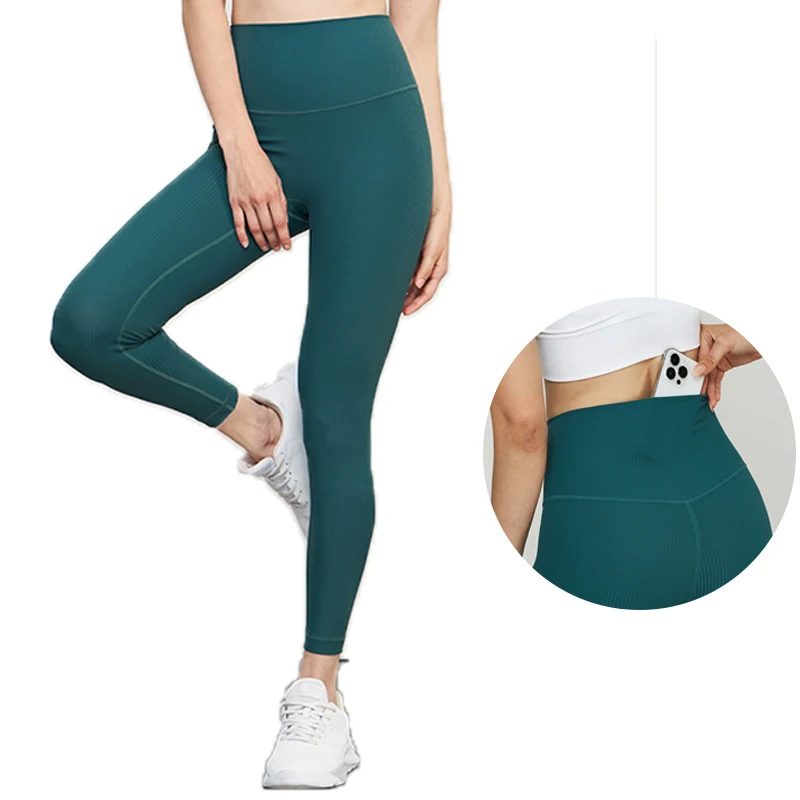 

Ribbed Peach Hip With Hidden Pocket Breathable Sports Workout Gym Yoga Leggings Blank Custom High Waist Pants For Women Fitness