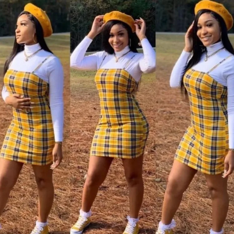 

2021spring women clothing New fashion two pieces vintage check plaid dress and t -shirt tops lady cloth set dresses wholesale, Colorful printed bodycon 2021 spring women clothing
