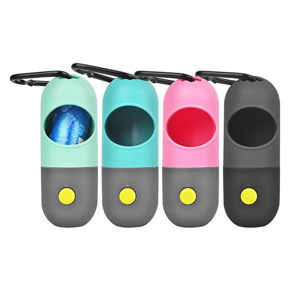 

LED Flashlight Dog Poop Bag Dispenser Pet Garbage Bags Distributor Holder with Leash Hook, Green, pink, black, blue