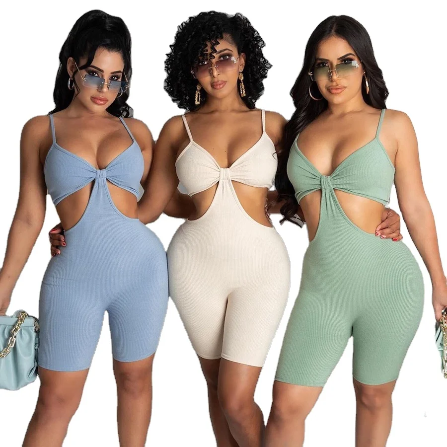 

2021 Summer Solid Hollow Out Short Jumpsuit Stretch Sleeveless Halter Romper Workout Sporty Active Backless Women Playsuit
