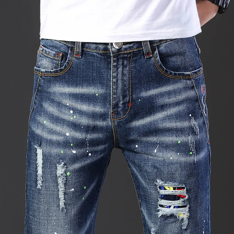 

Painted Graffiti Pants Stylish Jeans Pant For Men High Quality Ripped Hole Men Jeans