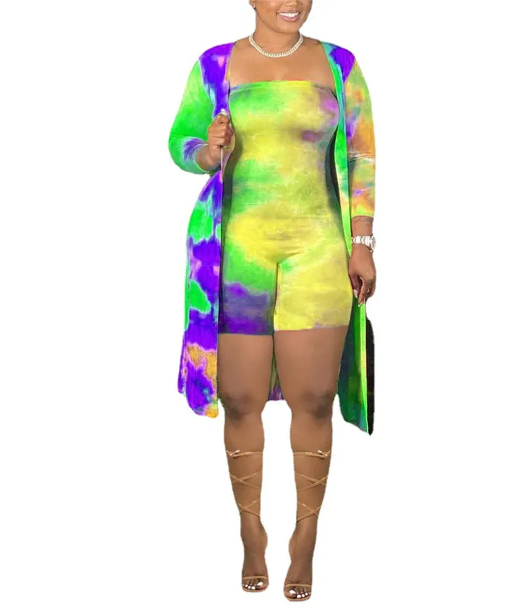 

New fashion plus size tie-dye bodycon short jumpsuit long coat two piece designer sets