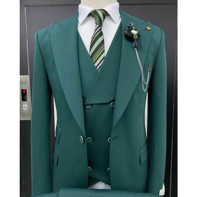 Men Teal Suits Casual Dinner Large Lapel Designer Wedding Stylish 1 Button Business Formal Male Suit Coat (Jacket+Vest+Pants)