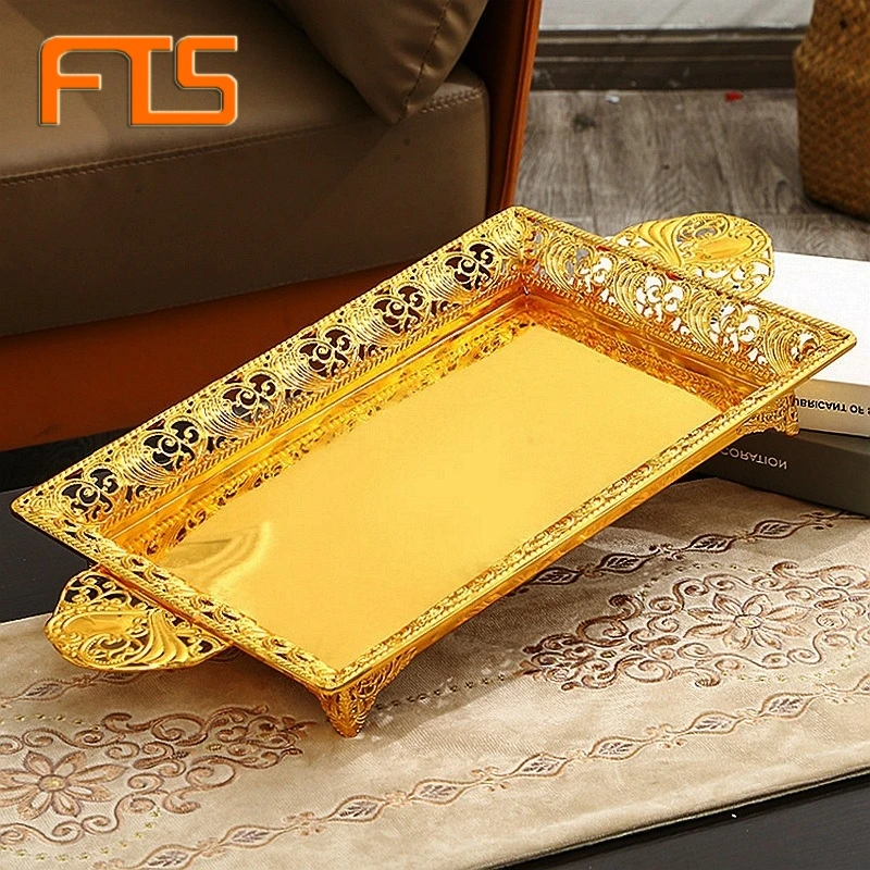 

FTS Rectangular Wedding Elegant Dessert With Handles Gold Food Decoration Candy Luxury Dryfruit Plastic Sweet Serving Tray