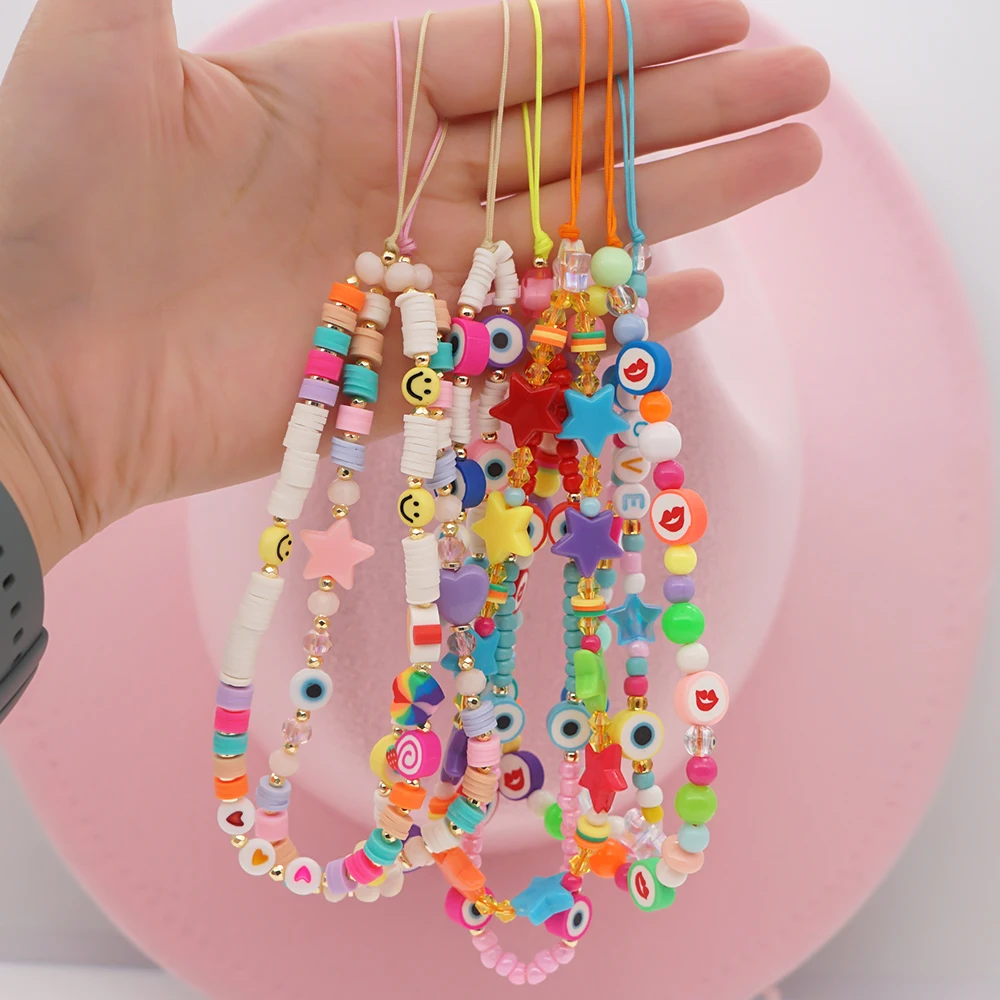 GO2BOHO Mobile Accessories Phone Chain Strap Sets Bohemia Letter Colorful Heishi Evil Eye Colorful Beads Mobile Rope Jewelry