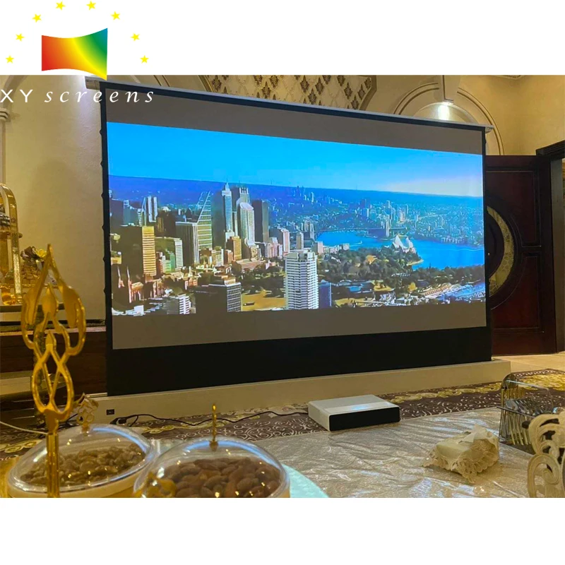 

110 inch motorized floor rising screen EDL-83 series ust pet crystal screen for fengmi 4k cinema laser projecto