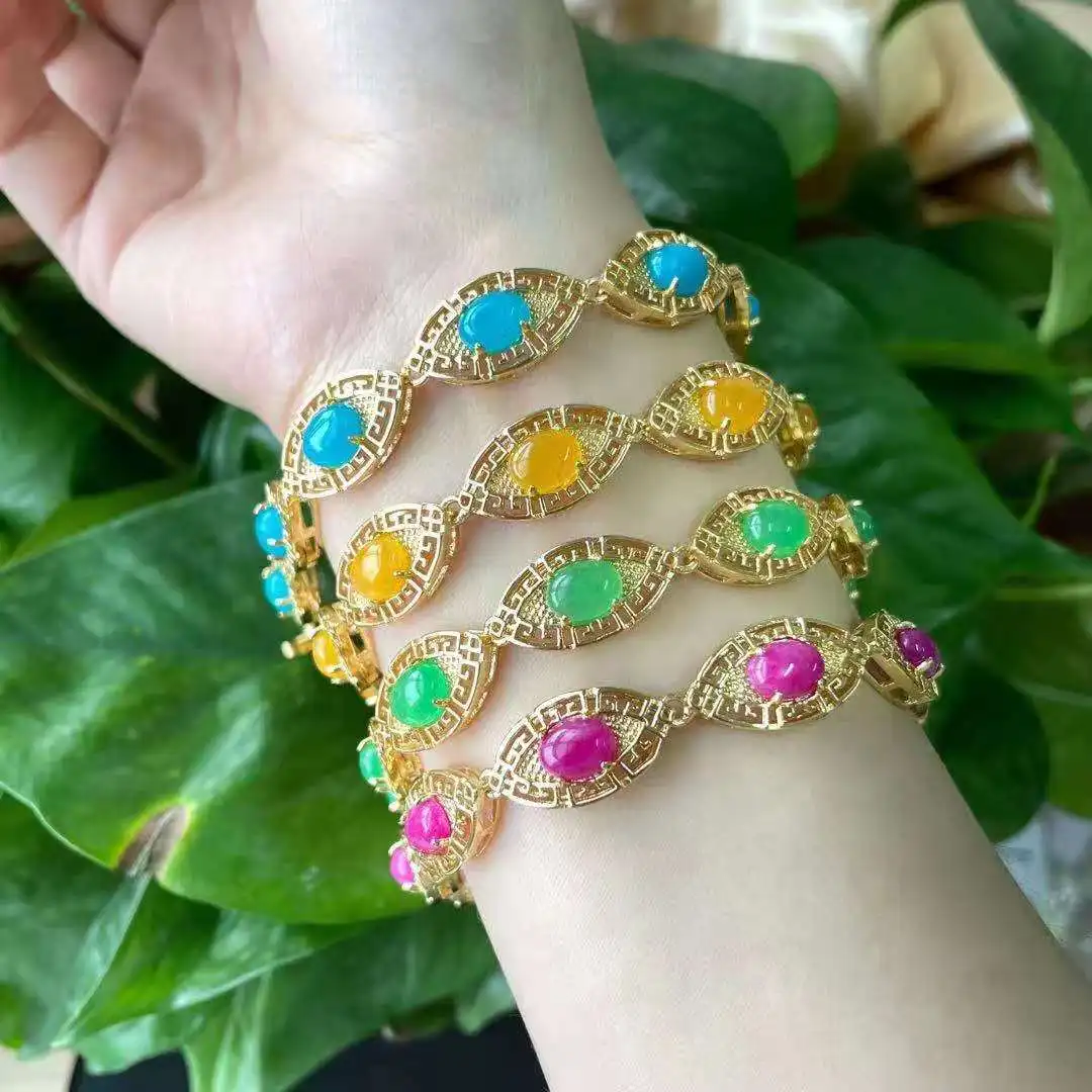 

INS 18k gold jade link bracelet natural stone real carved jadieit pink blue yellow green nephrite angle eye jade bracelet