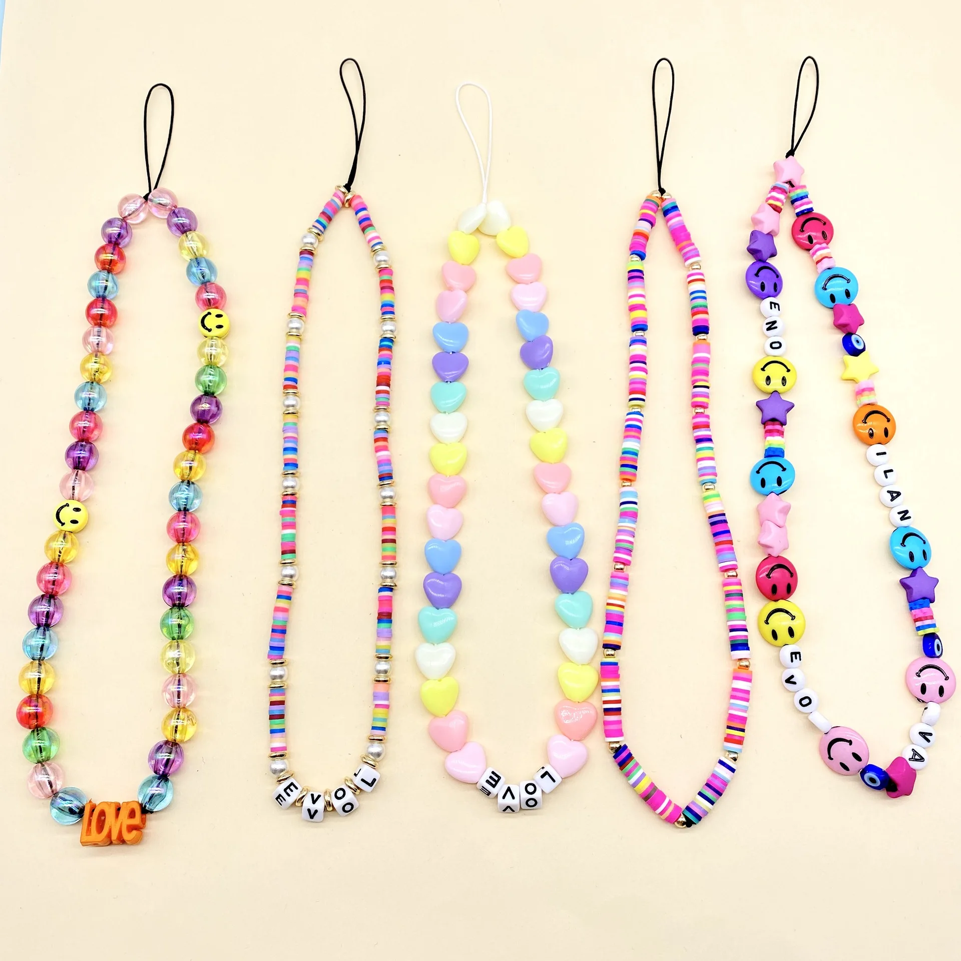 

2021 New Fashion Handmade Beaded Phone Charms Strap Acrylic Polymer Clay Beads Pearl Smiley Face Star Phone Lanyard Accessory, Colorful