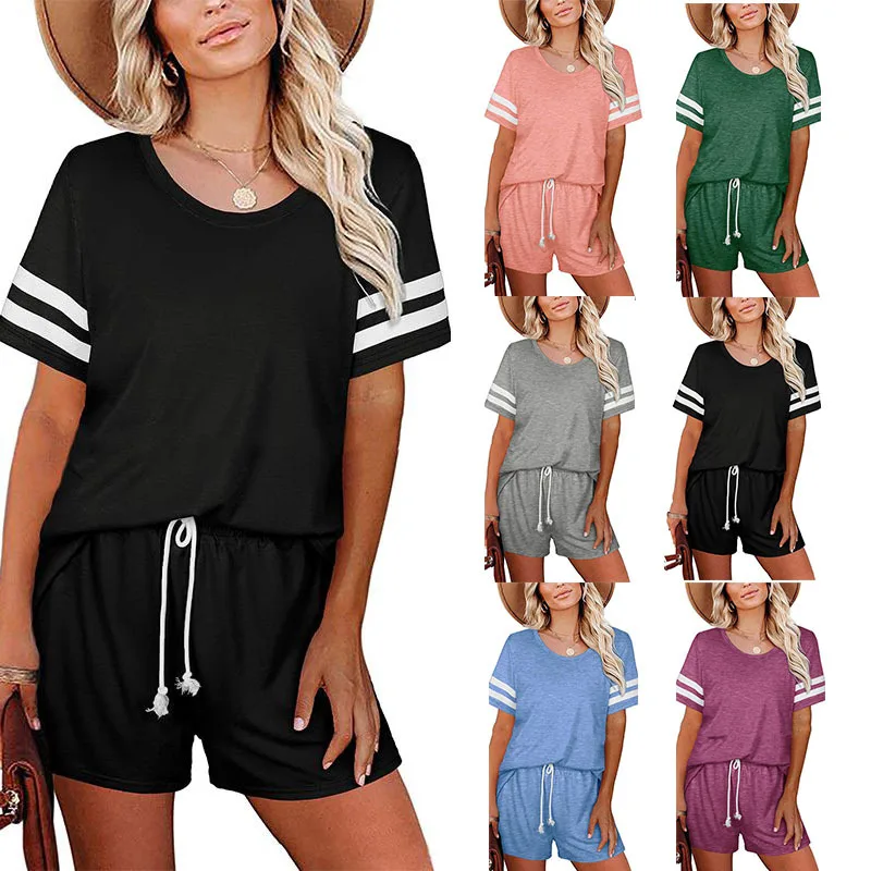 

Wholesale ladies v neck short sleeve stripe tops summer drawstring shorts pants women casual two piece set, 6 colors