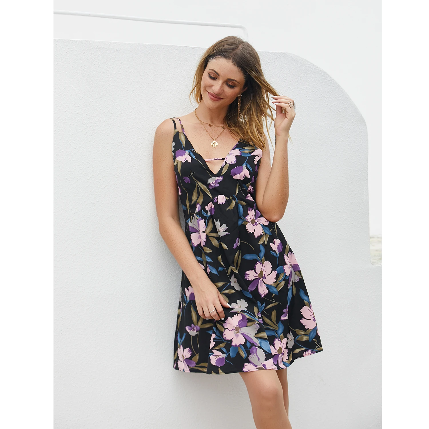 

2021 sexy cross halter dress summer floral print woman sexy clothes dresses fashion backless deep v neck dress with zip, Customized