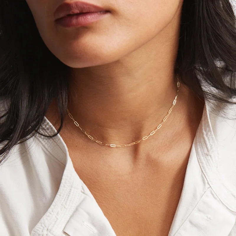 

14K Gold Plated Anti Tarnish Paper Clip Chain Necklace Stainless Steel Link Layering Chain Necklace