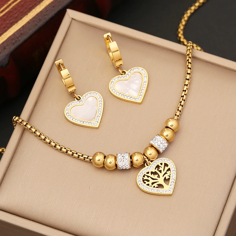 

Personalized Stainless Steel Heart Life Tree Necklace and Earrings Set Luxury Wedding Party Jewelry Set for Women