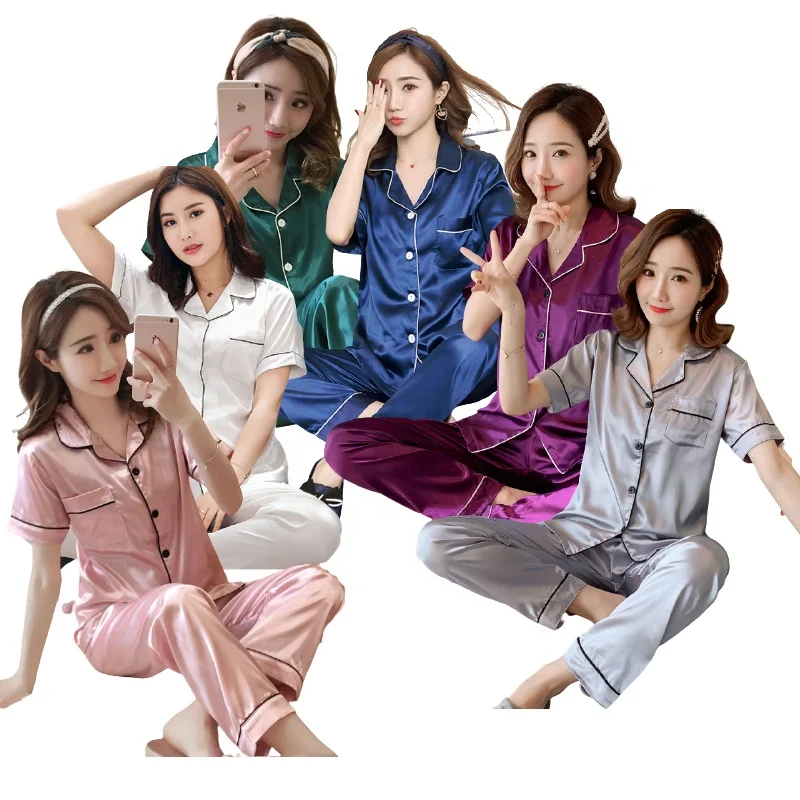 

Womens Silk Satin Pajamas Pyjamas Set short Sleeve Sleepwear Pijama Pajamas Suit Female Sleep Two Piece Set Loungewear Plus Size