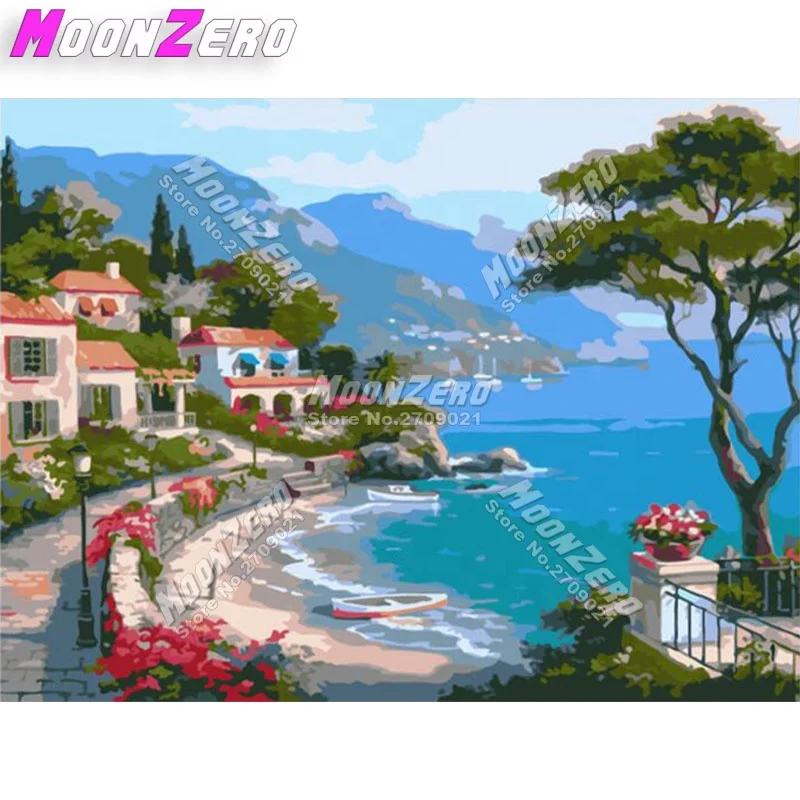 

Number Coloring Hanging Painting Home Wall Scenery Decorations Handmade Artwork Seaside Villa, Multi colors