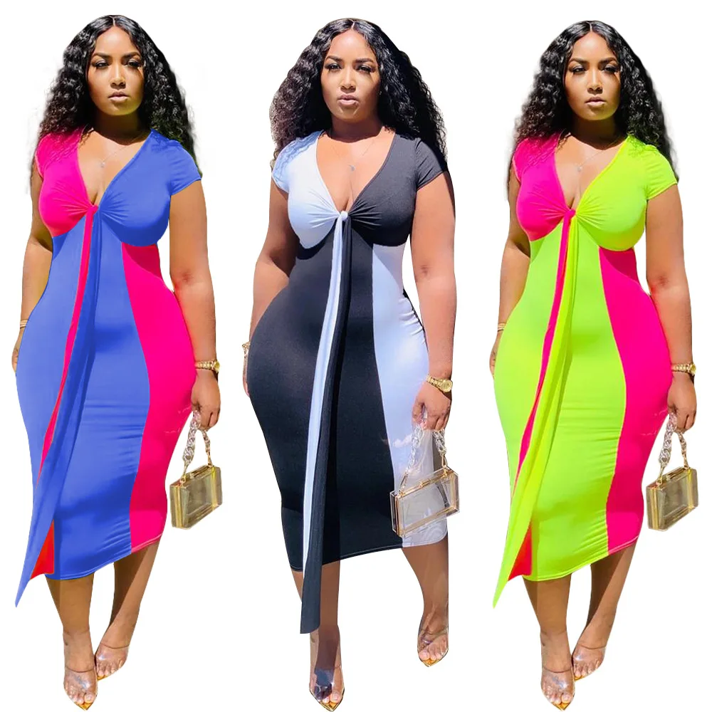 

2021 New Trendy Multicolor Sleeveless Deep V-neck Patchwork Women's Plus Size Casual Maxi Dresses Vestido Elbise gaun