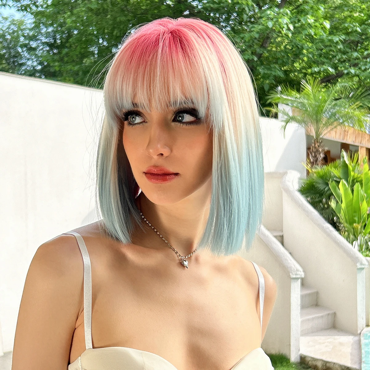 

Rainbow Bob Wig with Bang Synthetic Hair Bob Straight Wigs for Women Ombre Colored Short Shoulder Length Cosplay Hair Wig