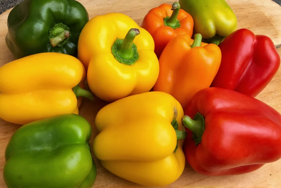 Colorful array of bell peppers in various stages of ripeness showing green, yellow, orange, and red varieties on wooden cutting board