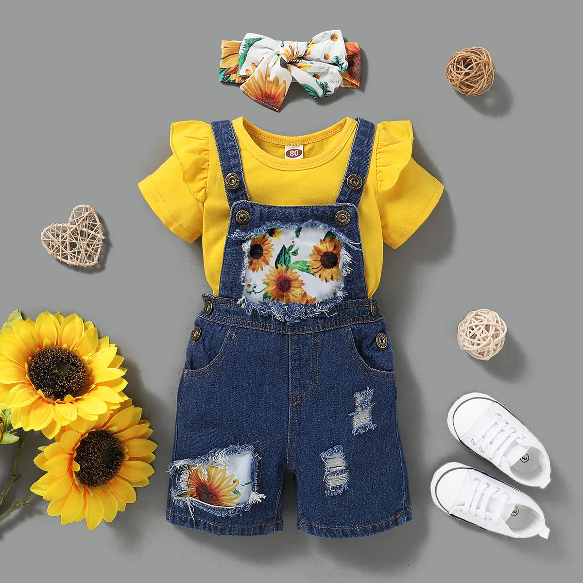 

2020 designer Kids Baby Girl Boutique Clothing T-shirt + Sunflower Suspender Denim Overalls Jeans Outfit Clothes Set M2230