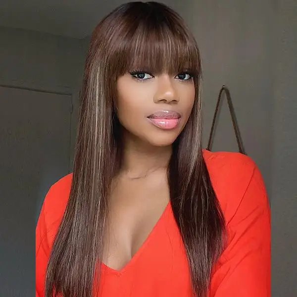 

Unprocessed Preplucked Remy Brazilian Straight Jewish Kosher Ombre Blonde Brown Fringe Wig With Bangs