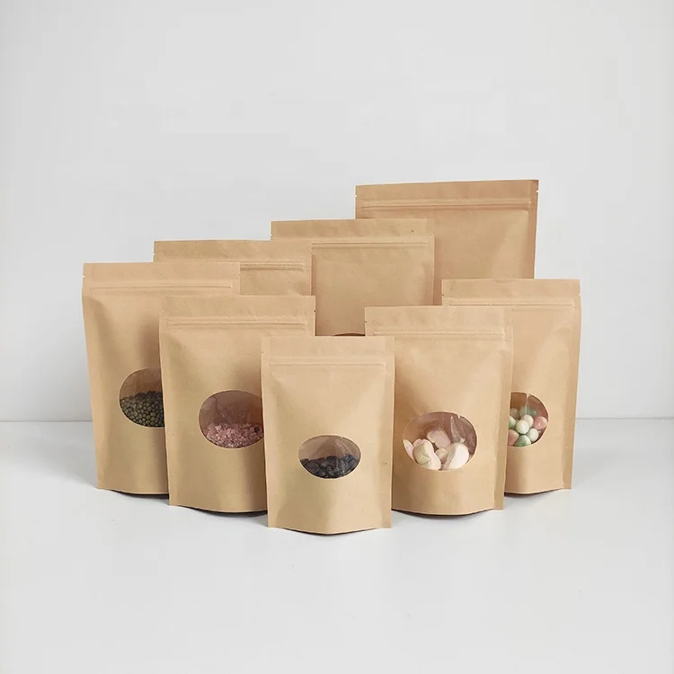 

15x22 cm plain food grade zipper stand up brown craft kraft paper pouch bag with oval window