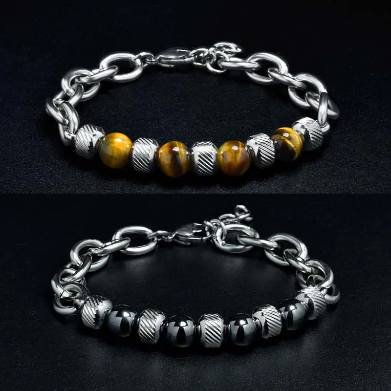 

Factory Sale Tiger Eye Natural Healing Stone Black Frosted Bracelet Fashion Stainless Steel Men Hand Chain